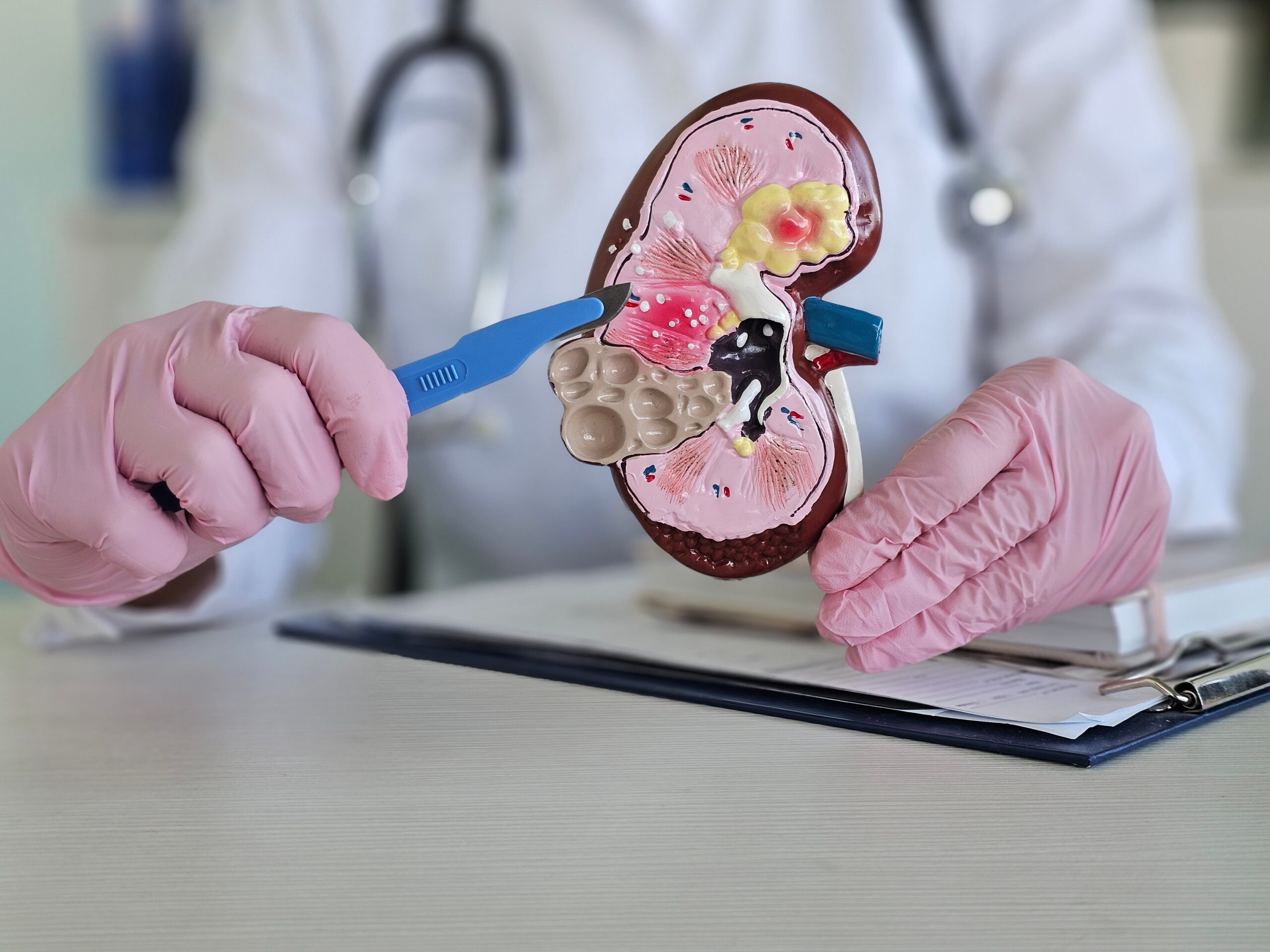 Kidney and adrenal surgery and medical surgical intervention in the hands of a doctor